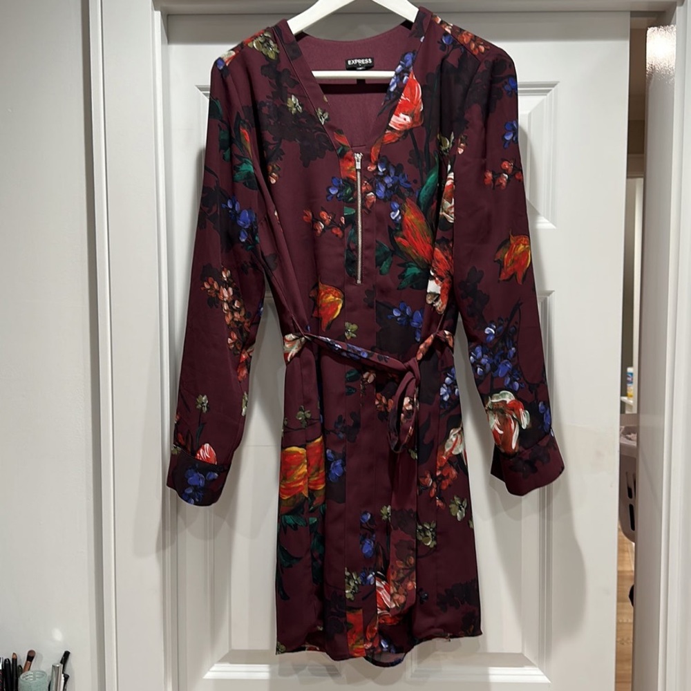 Express Dark Floral Wine Color Long Sleeve Dress M